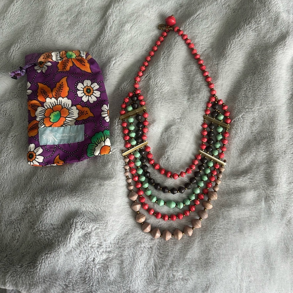 Noonday Multi Stramded Paprr Beaded Necklace with Pouch